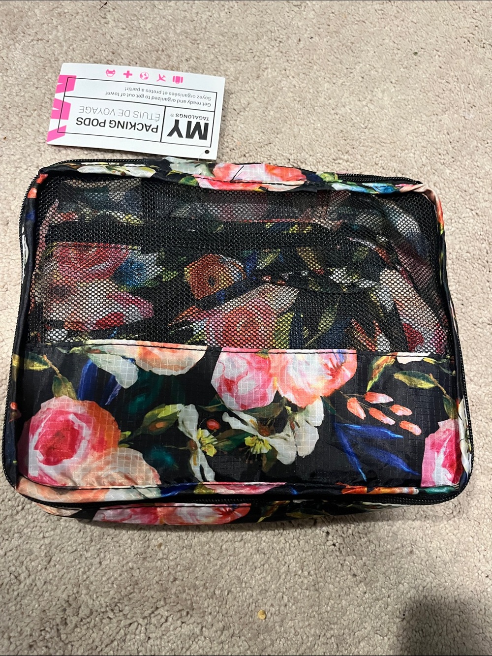 MyTagalongs Floral Travel Packing Cubes (3) in Black with Pink & Cream Blooms
